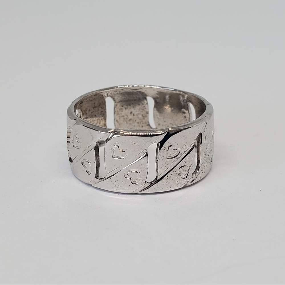 Vintage Rhodium Plated Sterling Silver Wide Heart Cutout Band Ring